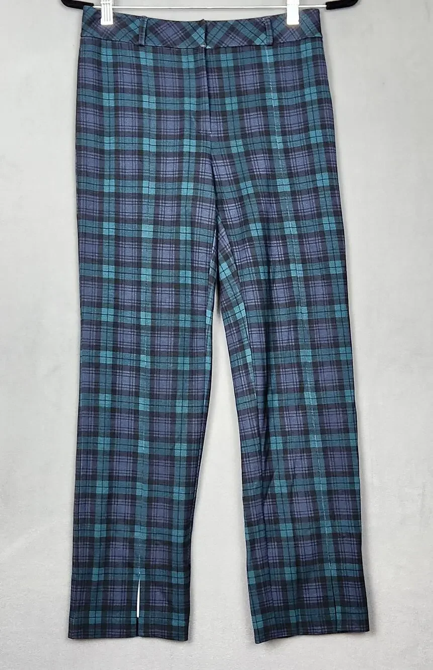 J MCLAUGHLIN Pants Womens Size 0 Green Plaid Straight Leg Measure 28X28